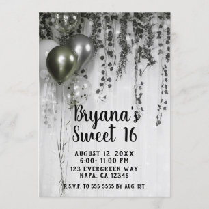 Invitación Fiesta metálico de plata verde Globos Ivy Sweet 16