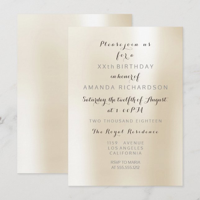 Invitación Fiesta Metalizado de Minimalismo Pearly Ivory Crea (Anverso / Reverso)