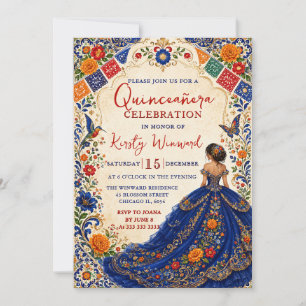 Invitación Fiesta Mexicana Azul Floral Dorada Quinceañera