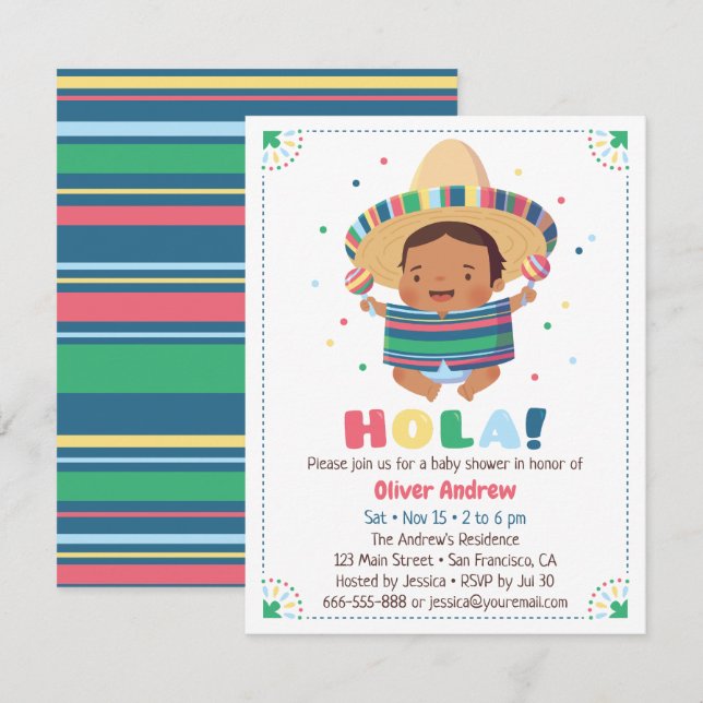Invitación Fiesta mexicana Baby Shower del muchacho de Hola (Anverso / Reverso)
