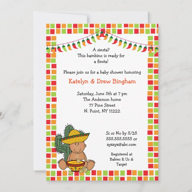 Invitación Fiesta mexicana Baby Shower invita a niño de piel  (Anverso)
