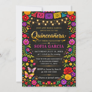 Invitación Fiesta Mexicana Brillante Floral Quinceañera