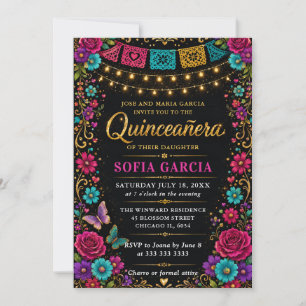 Invitación Fiesta Mexicana Brillante Floral Quinceañera