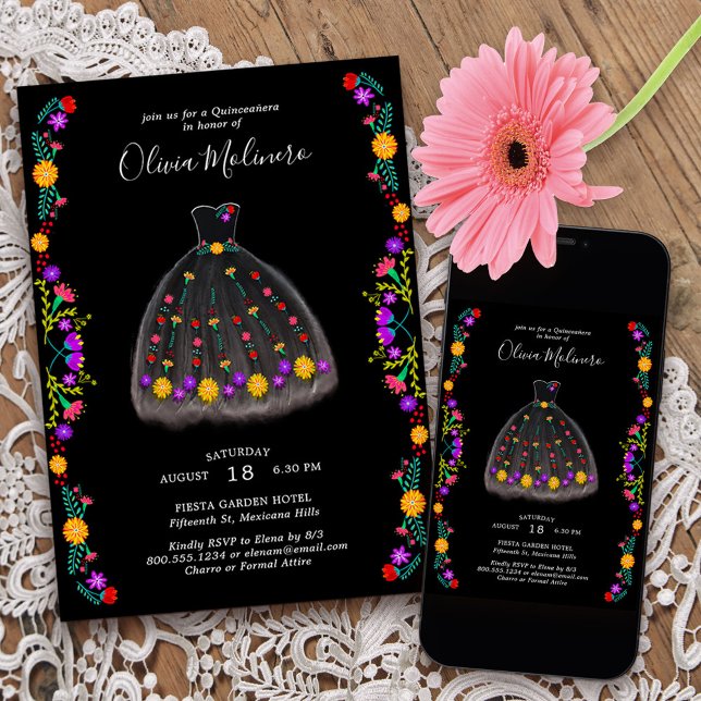 Invitación Fiesta Mexicana Carro Negro Vestido Quinceanera (Quinceanera invitation from my Mexican Fiesta Floral collection
)