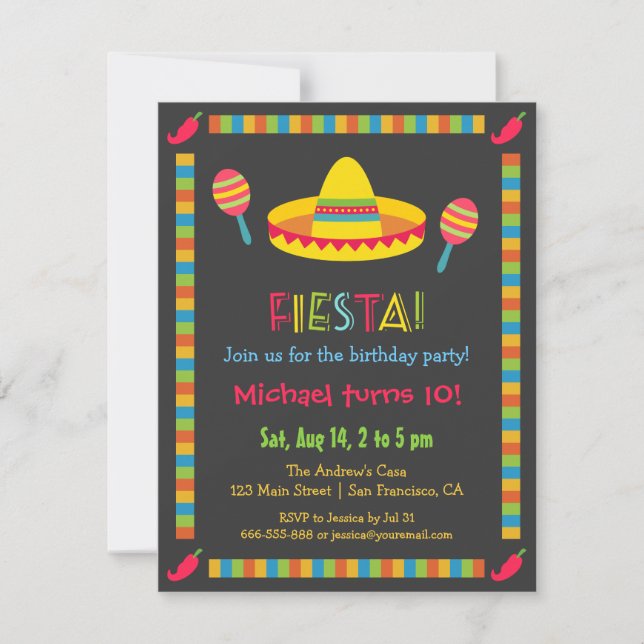 Invitación Fiesta Mexicana Colorida Cumpleaños de Niños (Anverso)