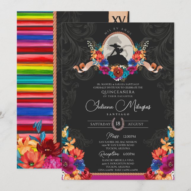 Invitación Fiesta Mexicana Colorido Carro Floral Quinceanera (Anverso / Reverso)