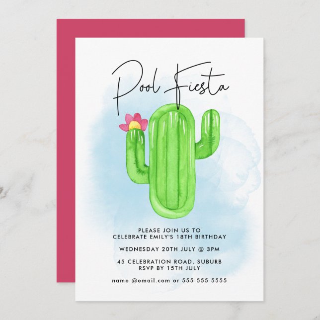Invitación Fiesta Mexicana Cumpleaños de Cactus para cualquie (Anverso / Reverso)