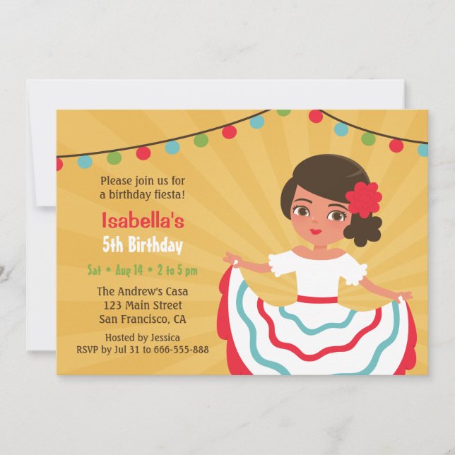 Invitación Fiesta Mexicana Cumpleaños de Niñas Hispanas Linda (Anverso)