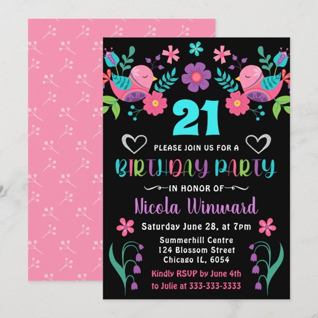 Invitación Fiesta Mexicana de cumpleaños con pájaros y flores (Anverso / Reverso)