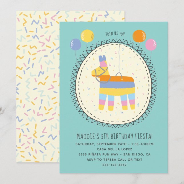 Invitación Fiesta Mexicana de Fiesta de Piñata dibujada a man (Anverso / Reverso)