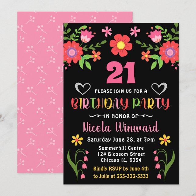 Invitación Fiesta Mexicana de Flores Brillantes Fiesta Fiesta (Anverso / Reverso)