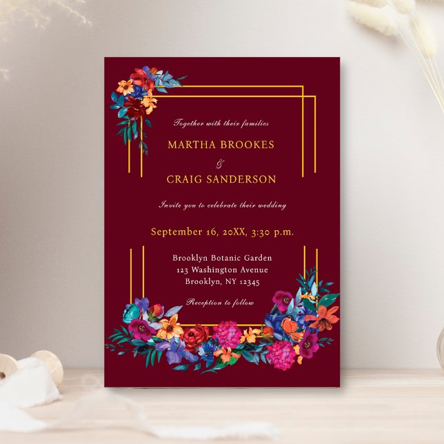 Invitación Fiesta Mexicana de Flores de Acuarela Boda Borgoña (Subido por el creador)