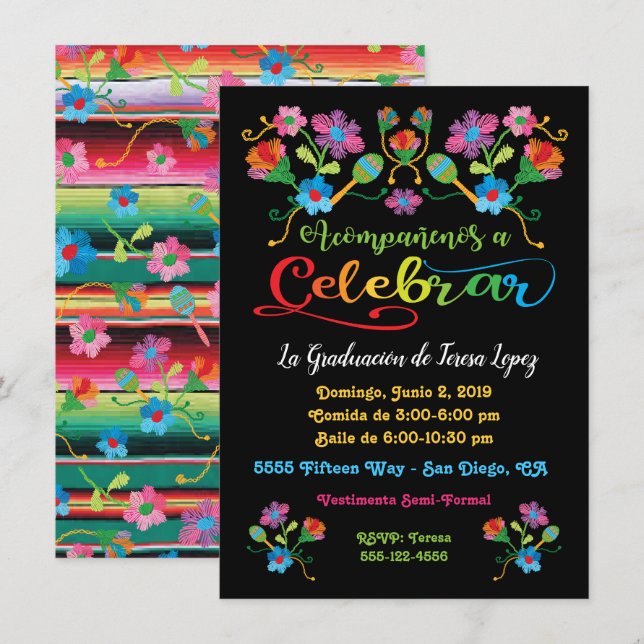 Invitación Fiesta mexicana de graduación con bordado (Anverso / Reverso)
