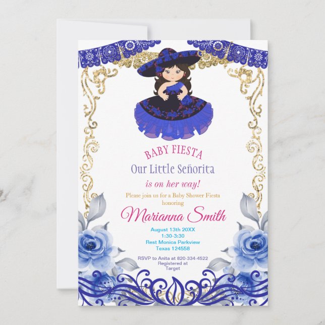 Invitación Fiesta Mexicana de Rosas Azules Reales para Baby S (Anverso)
