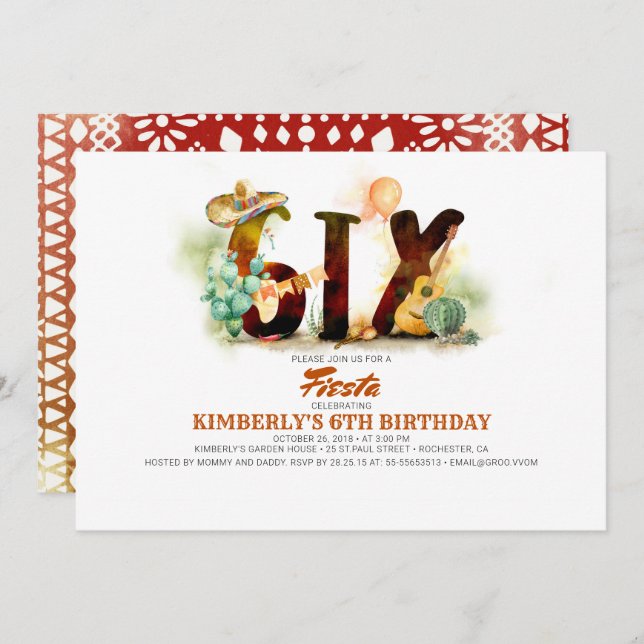 Invitación Fiesta Mexicana Fiesta 6ª Fiesta de Cumpleaños (Anverso / Reverso)