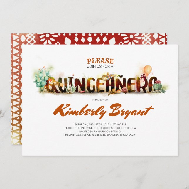 Invitación Fiesta mexicana Fiesta - Quinceañera 15 años (Anverso / Reverso)