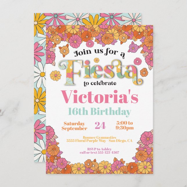 Invitación Fiesta mexicana Flor poder moderno retro cumpleaño (Anverso / Reverso)
