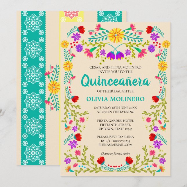 Invitación Fiesta Mexicana Floral Champagne Quinceanera (Anverso / Reverso)