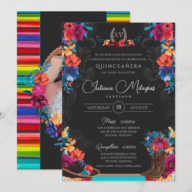 Invitación Fiesta Mexicana Floral Charro Foto Quinceanera (Anverso / Reverso)