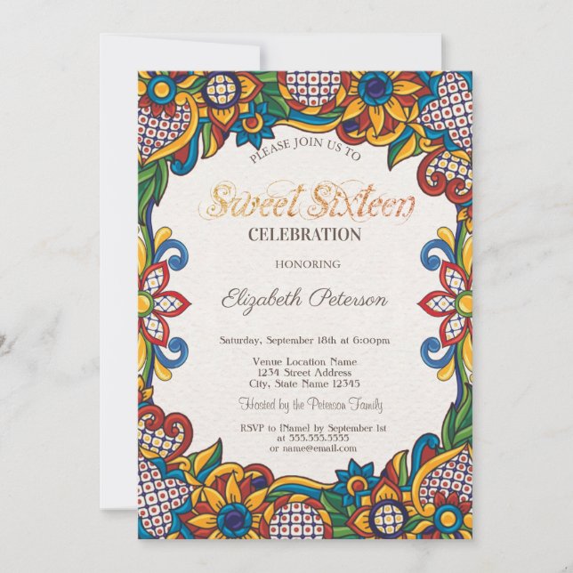 Invitación Fiesta Mexicana Floral Dulces 16  (Anverso)