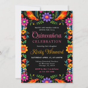 Invitación Fiesta Mexicana Floral Negra Quinceañera