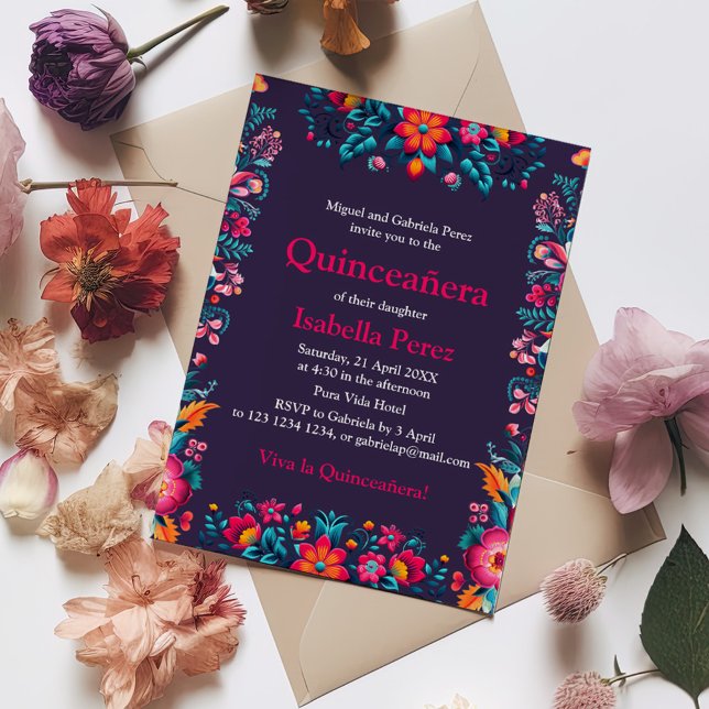 Invitación Fiesta Mexicana Floral Quinceanera Cumpleaños (Floral Quinceanera Mexican Fiesta Birthday Invitation on a table with colorful flowers.)