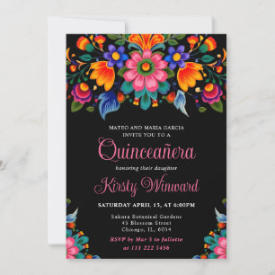 Invitación Fiesta Mexicana Floral Quinceañera Negra