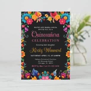 Invitación Fiesta Mexicana Floral Quinceañera Negra
