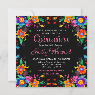 Invitación Fiesta Mexicana Floral Quinceañera Negra