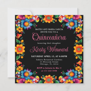 Invitación Fiesta Mexicana Floral Quinceañera Negra