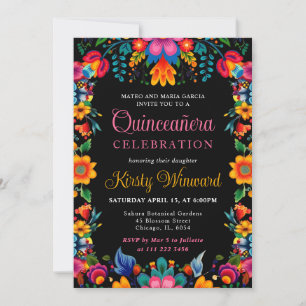 Invitación Fiesta Mexicana Floral Quinceañera Negra