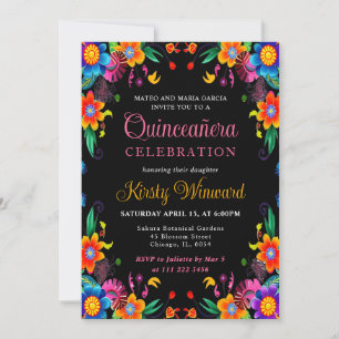 Invitación Fiesta Mexicana Floral Quinceañera Negra
