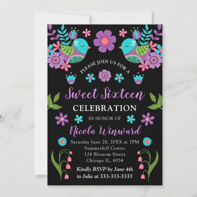 Invitación Fiesta Mexicana Floral y Cumpleaños Dieciséis Negr (Anverso)