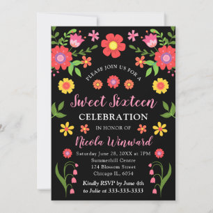 Invitación Fiesta Mexicana Floral y Negra Cumpleaños Dieciséi