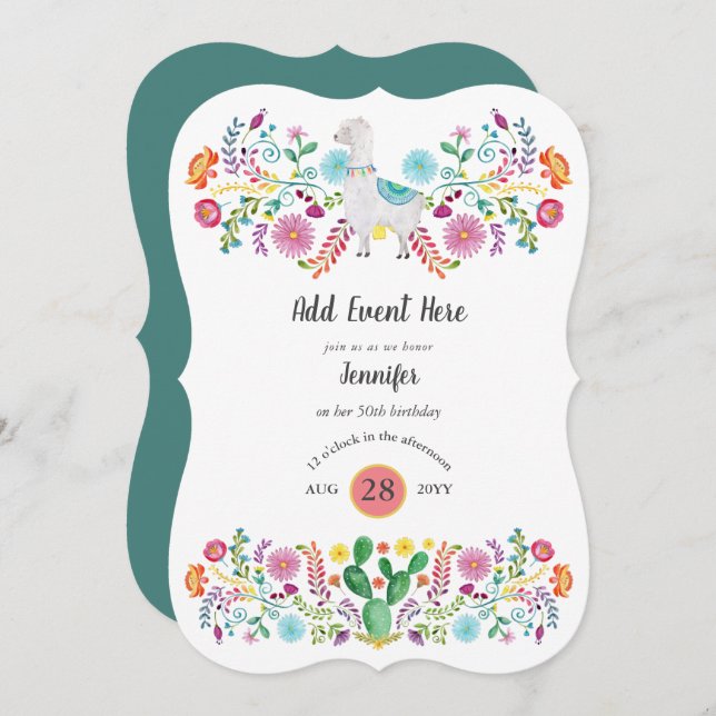Invitación Fiesta mexicana Llama Folk Flowe Cacti CUALQUIER E (Anverso / Reverso)