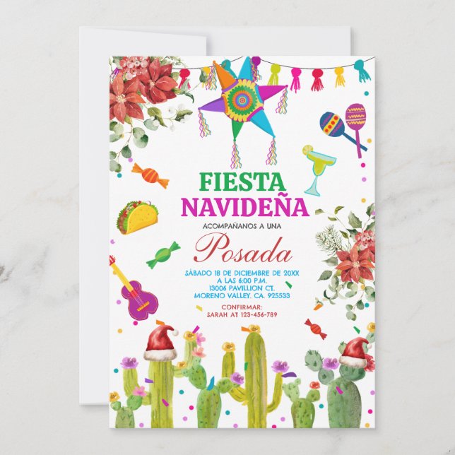 Invitación Fiesta Mexicana Navideña Posada Navidades Cactus (Anverso)