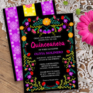 Invitación Fiesta Mexicana Negra Arte Folclórico Floral Quinc