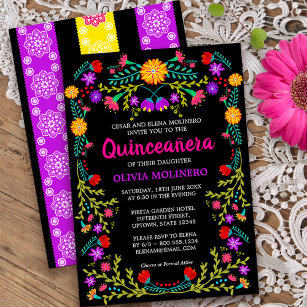 Invitación Fiesta Mexicana Negra Floral de Arte Popular Quinc