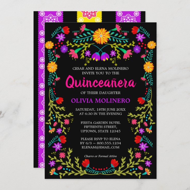 Invitación Fiesta mexicana negra floral Quinceanera 