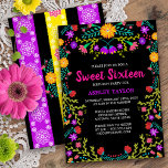 Invitación Fiesta Mexicana Negro Arte Folclórico Dulce Floral<br><div class="desc">Dulce floral Dieciséis invitaciones para la celebración del 16º cumpleaños de tu hija. Este tema de bonito presenta flores de arte folclórico mexicano brillantes y coloridas en rojo, rosa, morado y amarillo sobre un fondo negro. La parte trasera de la tarjeta tiene fiesta mexicana, floral papel picado en color púrpura...</div>