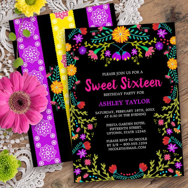 Invitación Fiesta Mexicana Negro Arte Folclórico Dulce Floral (Sweet 16 invitation from my Mexican Fiesta Floral collection
)