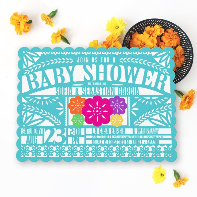 Invitación Fiesta mexicana Papel Bandera Picado Baby Shower V (Festive bright colorful teal fuchsia purple Mexican fiesta Papel Picado baby shower invitation )