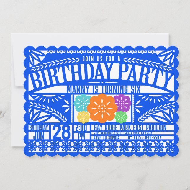 Invitación Fiesta mexicana Papel Picado Bandera AZUL Cumpleañ (Anverso)