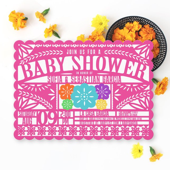 Invitación Fiesta mexicana Papel Picado Bandera PINK Baby Sho (Colorful bright fuchsia hot pink Papel Picado Flag Banner Mexican Fiesta baby girl shower invitation)