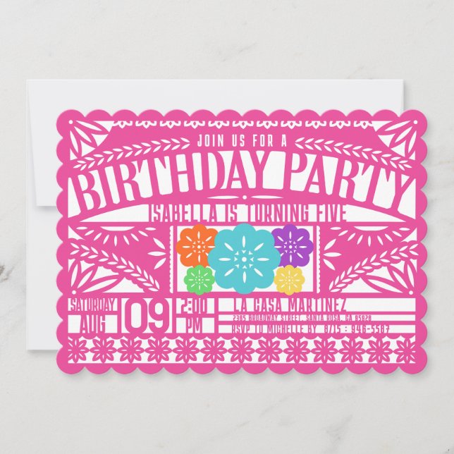 Invitación Fiesta mexicana Papel Picado Bandera PINK Cumpleañ (Anverso)