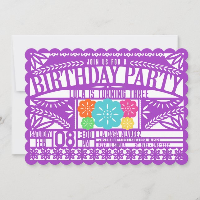 Invitación Fiesta mexicana Papel Picado Bandera PURPLE Cumple (Anverso)