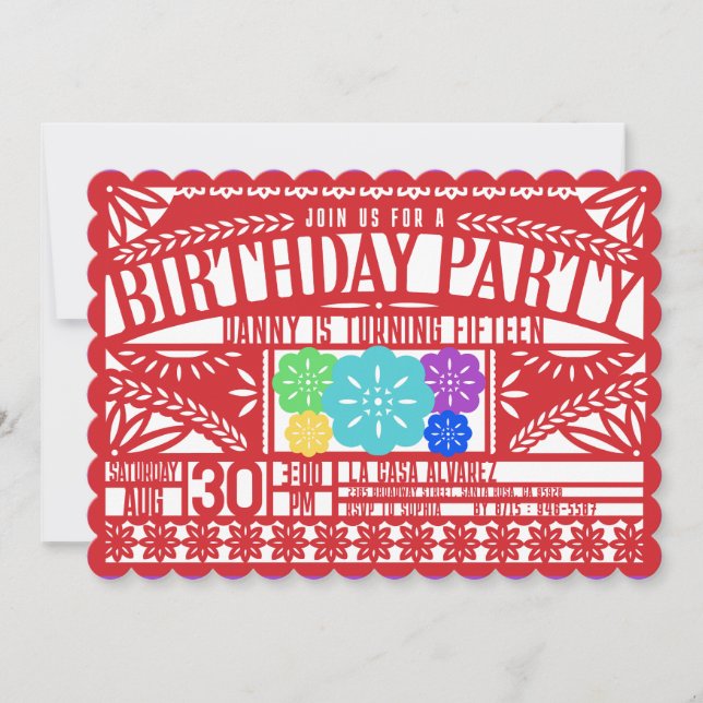 Invitación Fiesta mexicana Papel Picado Bandera RED Cumpleaño (Anverso)