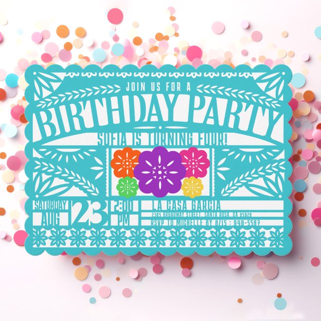 Invitación Fiesta mexicana Papel Picado Bandera VERDE AZULADO (Bright colorful teal blue Papel Picado Flag style scalloped birthday party invite for kids & adults)