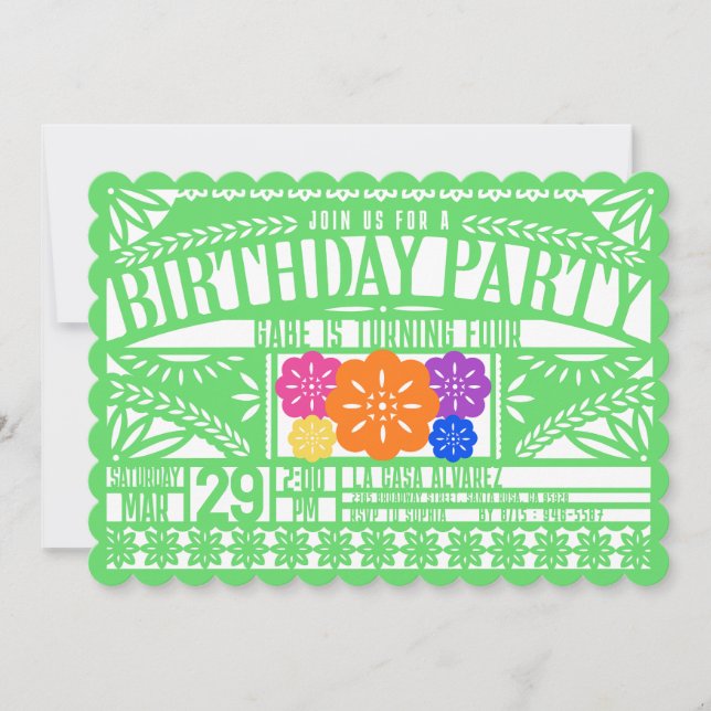 Invitación Fiesta mexicana Papel Picado Bandera VERDE Cumplea (Anverso)