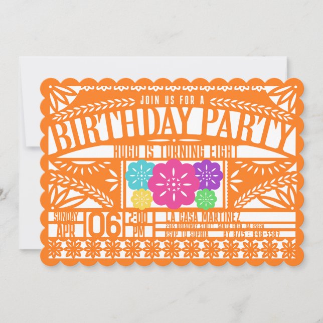 Invitación Fiesta mexicana Papel Picado NARANJA bandera cumpl (Anverso)